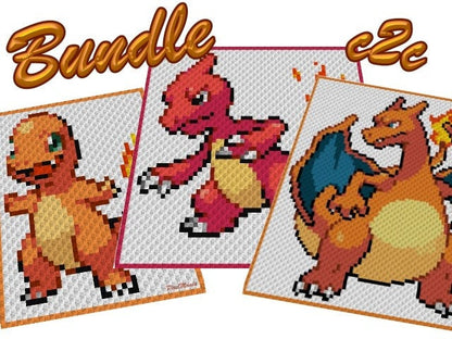 BUNDLE - Glumanda, Glutexo, Glurak - POKÉMON inspirierte C2C - Häkelmuster