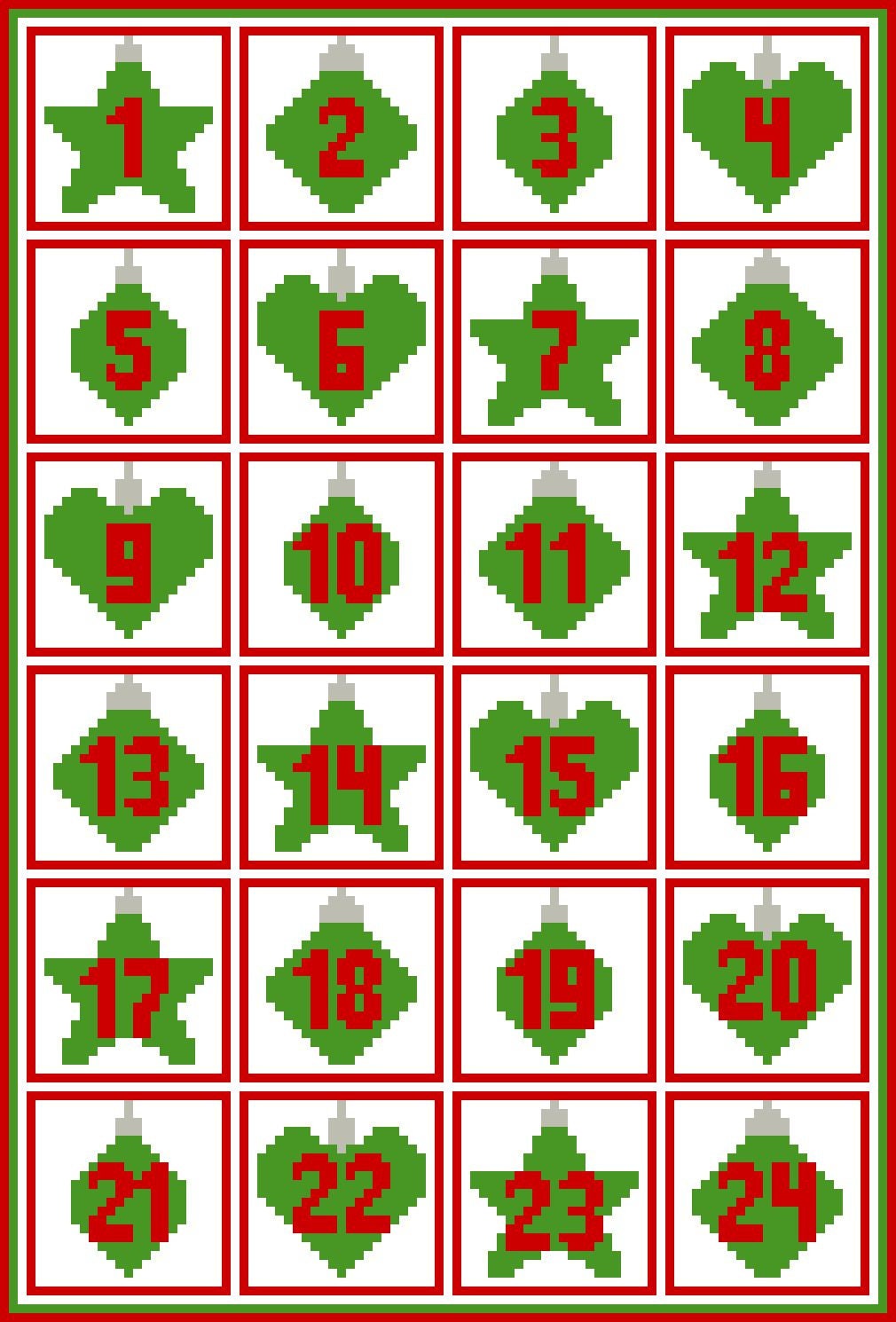 ADVENTSKALENDER, Häkelmuster, Grafik für fM, Häkeldecke feste Maschen, Stäbchen (hStb) mit geschriebener & Farb-Block Anleitung