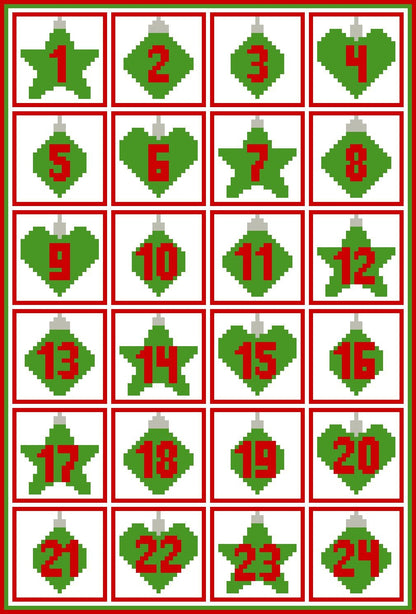 ADVENTSKALENDER, Häkelmuster, Grafik für fM, Häkeldecke feste Maschen, Stäbchen (hStb) mit geschriebener & Farb-Block Anleitung