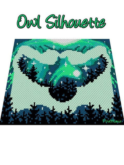 OWL SILHOUETTE - green, graphic for Fm crochet blanket, with written & color block instructions for owl blanket, animal motif