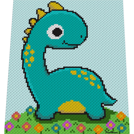 DINO DIPPY - Langhals, Häkelmuster, Grafik für C2C, Häkeldecke Ecke zu Ecke,  mit geschriebener & Farb-Block Anleitung
