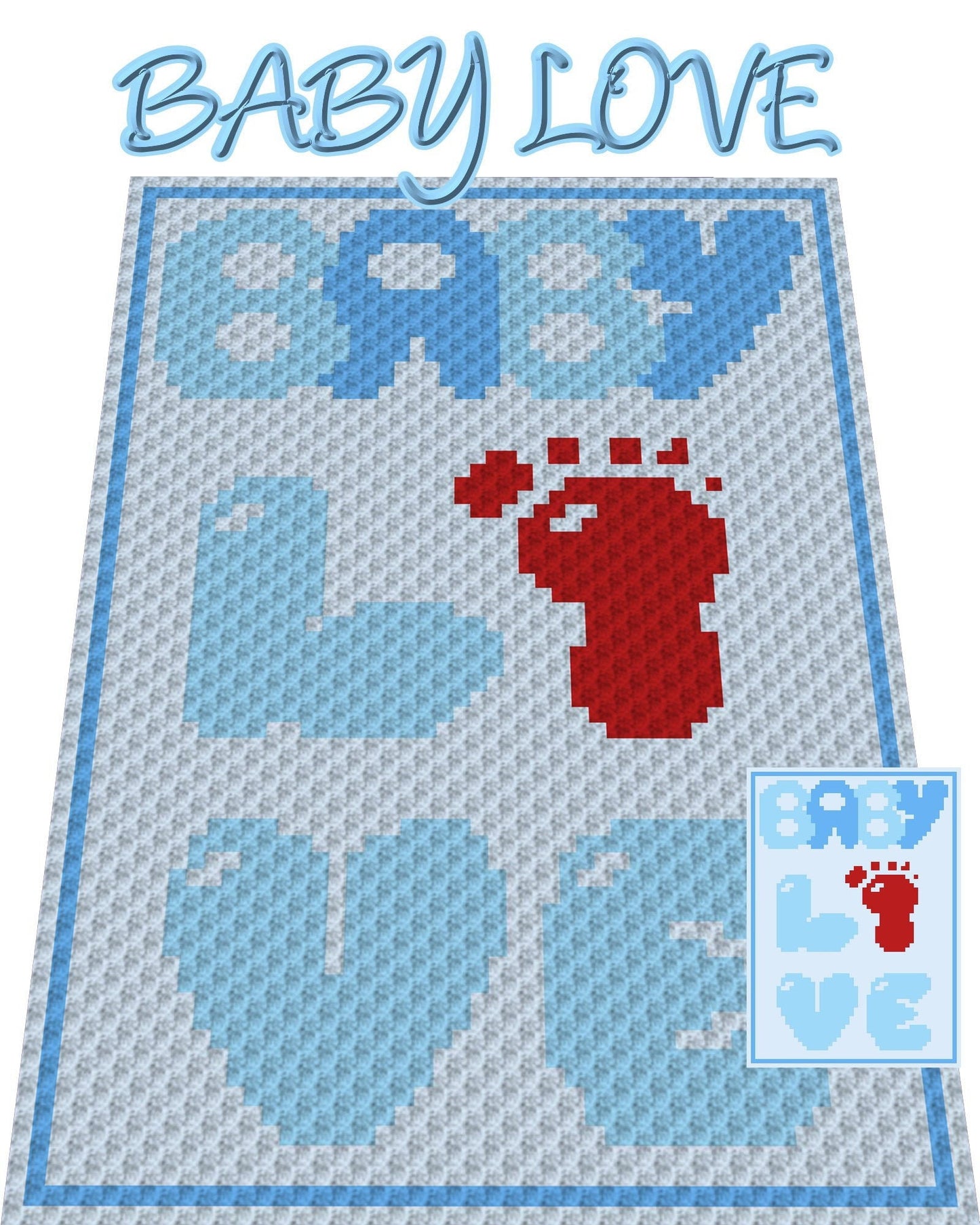 BABY LOVE BOY, Häkelmuster, Grafik für C2C, Häkeldecke Ecke zu Ecke,  mit geschriebener & Farb-Block Anleitung