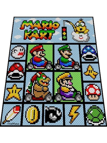 MARIO KART- Super Mario inspirierte Decke, Häkelmuster, Grafik für C2C, Häkeldecke Ecke zu Ecke,  mit geschr. & Farb-Block Anleitung