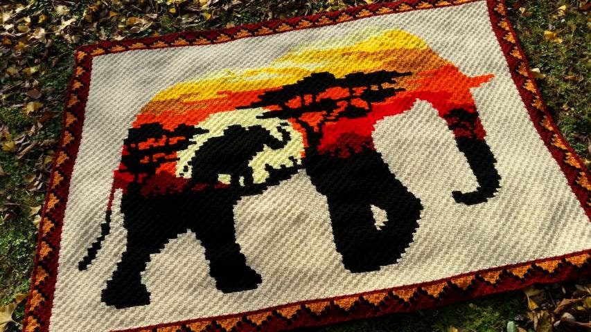 AFRIKANISCHER ELEFANT, Grafik für C2C, Häkeldecke Ecke zu Ecke,  mit geschriebener & Farb-Block Anleitung