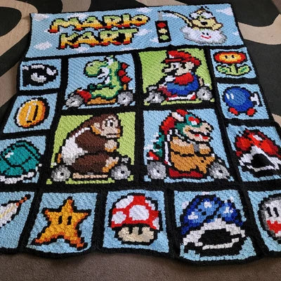 MARIO KART- Super Mario inspirierte Decke, Häkelmuster, Grafik für C2C, Häkeldecke Ecke zu Ecke,  mit geschr. & Farb-Block Anleitung