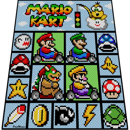 MARIO KART- Super Mario inspirierte Decke, Häkelmuster, Grafik für C2C, Häkeldecke Ecke zu Ecke,  mit geschr. & Farb-Block Anleitung