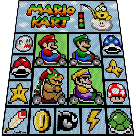 MARIO KART- Super Mario inspirierte Decke, Häkelmuster, Grafik für C2C, Häkeldecke Ecke zu Ecke,  mit geschr. & Farb-Block Anleitung