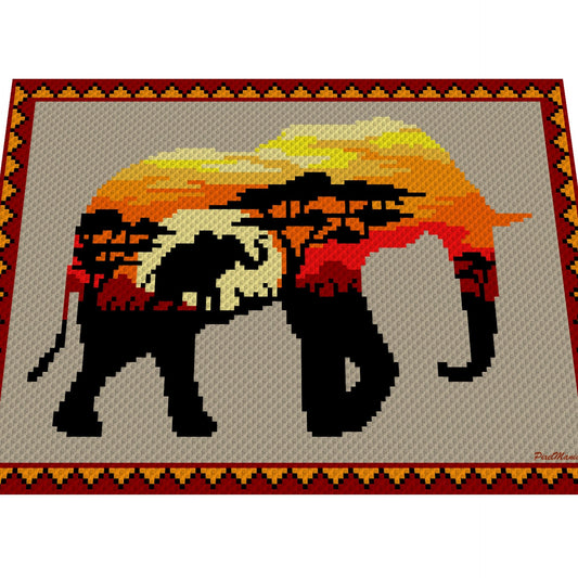 AFRIKANISCHER ELEFANT, Grafik für C2C, Häkeldecke Ecke zu Ecke,  mit geschriebener & Farb-Block Anleitung