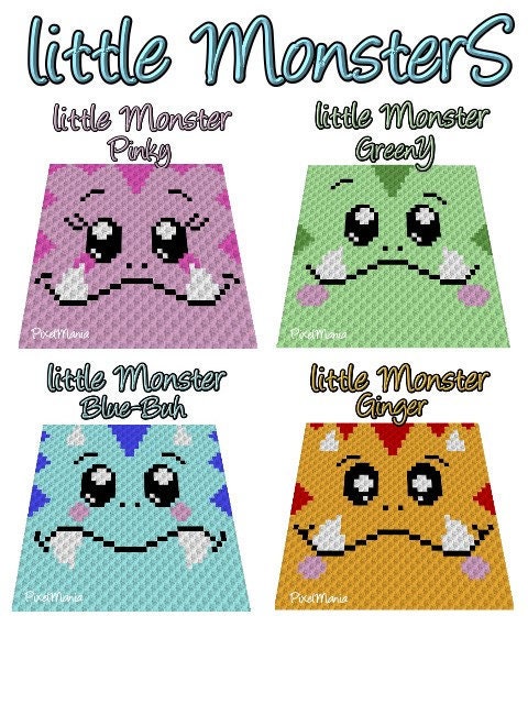 4 liTTle MONSTERS, C2C Häkelmuster, Grafik für c2c mit geschriebener u. Farb-Block Anleitung