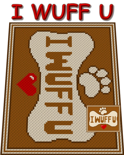 I WUFF U, Häkelmuster, Grafik für C2C, Häkeldecke Ecke zu Ecke,  mit geschriebener & Farb-Block Anleitung