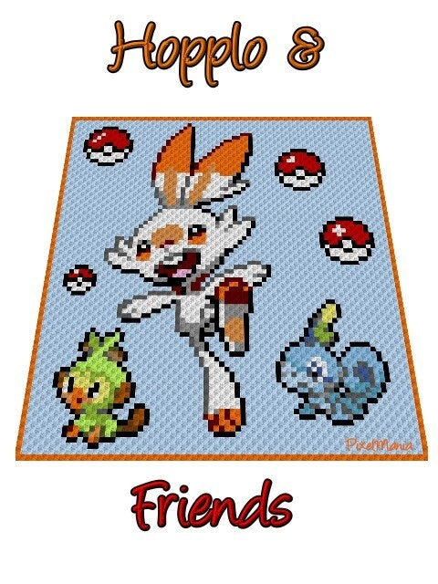 HOPPLO and FRIENDS - Pokémon inspired blanket - crochet pattern, graphic for C2C, crochet blanket corner to corner, with typed & color block instructions