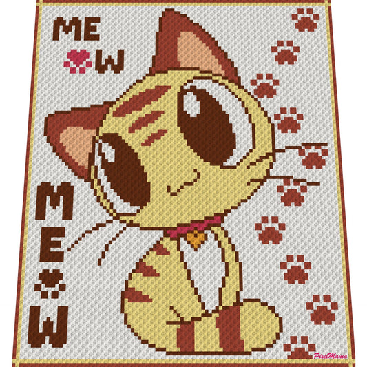 MEOW Kätzchen - Häkelmuster, Grafik für C2C, Häkeldecke Ecke zu Ecke,  mit geschriebener & Farb-Block Anleitung