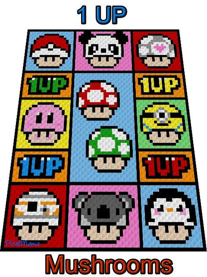 1 up - MUSHROOM, Häkelmuster, Grafik für C2C, Häkeldecke od Kissen Ecke zu Ecke,  mit geschriebener Anleitung