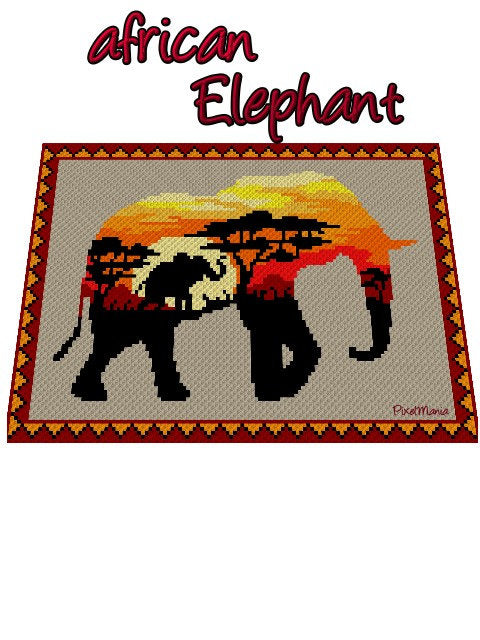 AFRIKANISCHER ELEFANT, Grafik für C2C, Häkeldecke Ecke zu Ecke,  mit geschriebener & Farb-Block Anleitung