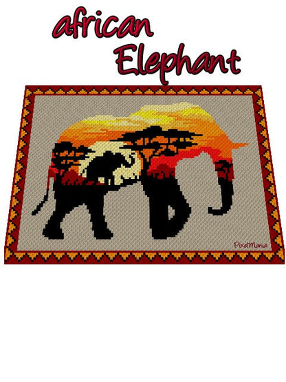 AFRIKANISCHER ELEFANT, Grafik für C2C, Häkeldecke Ecke zu Ecke,  mit geschriebener & Farb-Block Anleitung