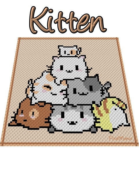 Kätzchen - Häkelmuster, Grafik für C2C, Häkeldecke Ecke zu Ecke,  mit geschriebener & Farb-Block Anleitung