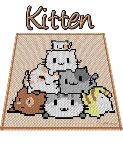 Kätzchen - Häkelmuster, Grafik für C2C, Häkeldecke Ecke zu Ecke,  mit geschriebener & Farb-Block Anleitung