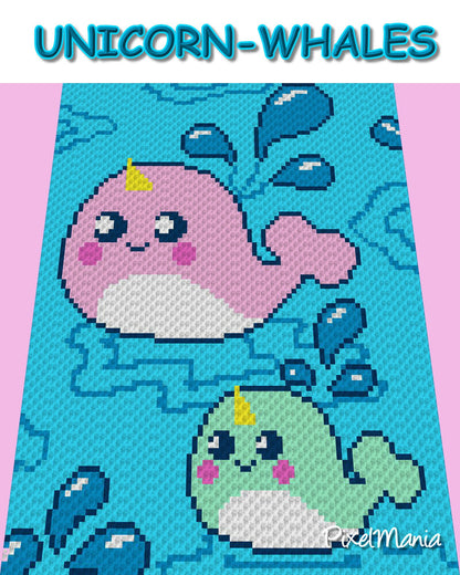 UniCorN WhaleS, Häkelmuster, Grafik für C2C, Häkeldecke Ecke zu Ecke,  mit geschriebener & Farb-Block Anleitung