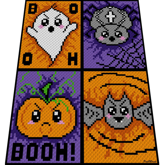 SPOOKY HALLOWEEN, Häkelmuster, Grafik für C2C, Häkeldecke Ecke zu Ecke,  mit geschriebener Anleitung