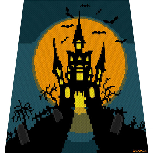 HALLoWeeN - Horror Castle - Crochet pattern, graphic for C2C, crochet blanket corner to corner, with written & color block instructions