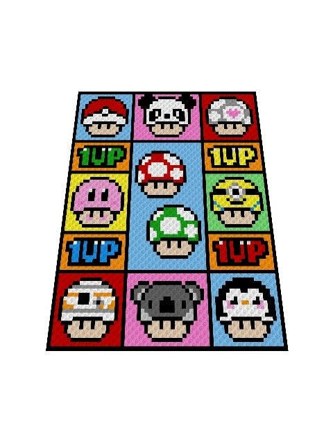 1 up - MUSHROOM, Häkelmuster, Grafik für C2C, Häkeldecke od Kissen Ecke zu Ecke,  mit geschriebener Anleitung