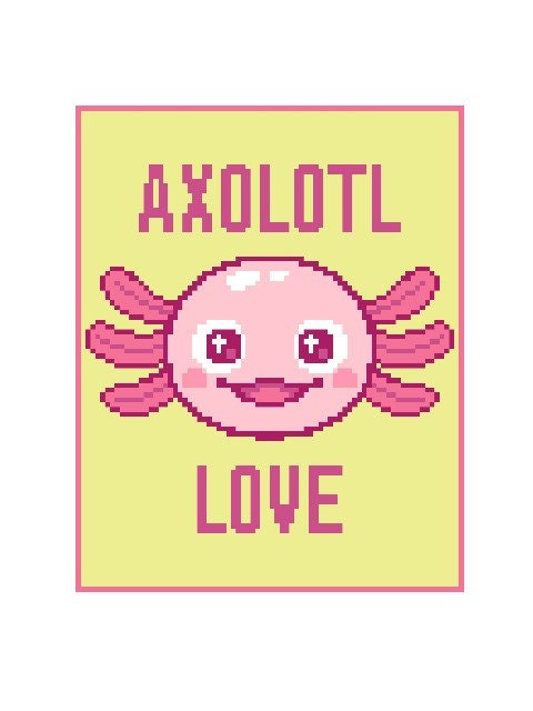 Axolotl LOVE, Fm Häkelmuster, Grafik für Fm, Häkeldecke feste Maschen, tunesisch, Stäbchen, geschr & Farb-Block Anleitung