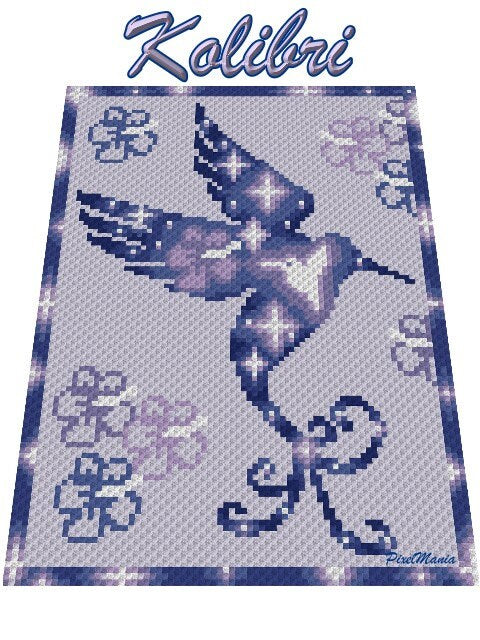 KOLIBRI SILHOUETTE, Grafik für C2C, Häkeldecke Ecke zu Ecke,  mit geschriebener & Farb-Block Anleitung