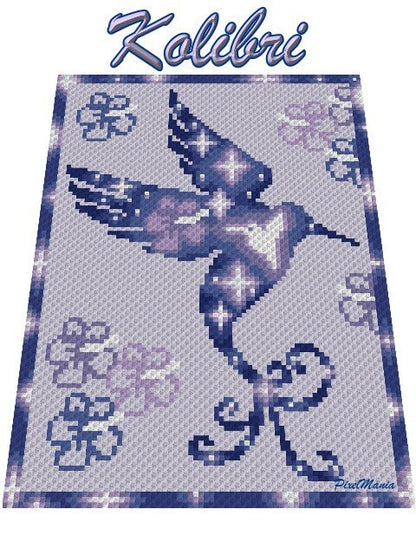 KOLIBRI SILHOUETTE, Grafik für C2C, Häkeldecke Ecke zu Ecke,  mit geschriebener & Farb-Block Anleitung