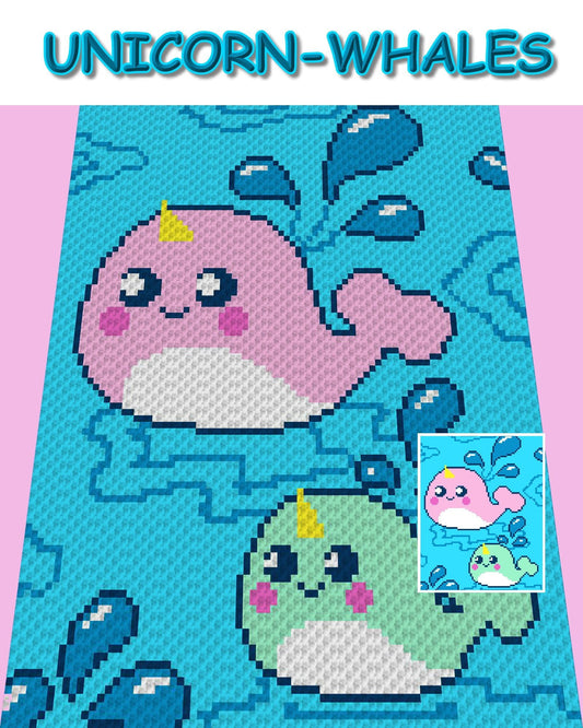 UniCorN WhaleS, Häkelmuster, Grafik für C2C, Häkeldecke Ecke zu Ecke,  mit geschriebener & Farb-Block Anleitung