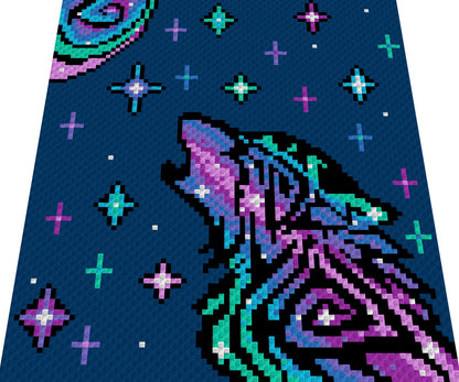 COSMO WOLF, graphic for sc, st, hdc crochet blanket, with written & color block instructions for wolf blanket, crochet animal blanket