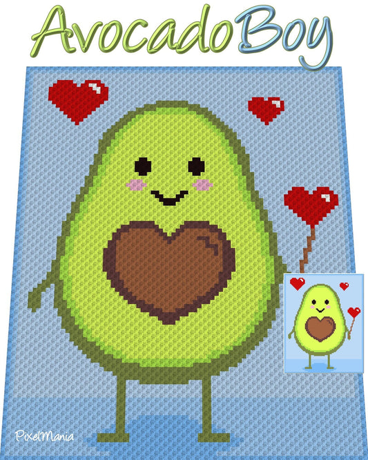AVOCADO BOY, Häkelmuster, Grafik für C2C, Häkeldecke Ecke zu Ecke,  mit geschriebener & Farb-Block Anleitung