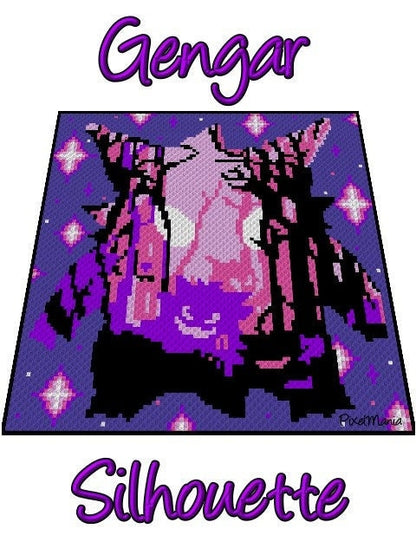 GENGAR Pokémon - Silhouette inspirierte Decke - Häkelmuster, Grafik für C2C, Häkeldecke Ecke zu Ecke,  mit geschr. & Farb-Block Anleitung