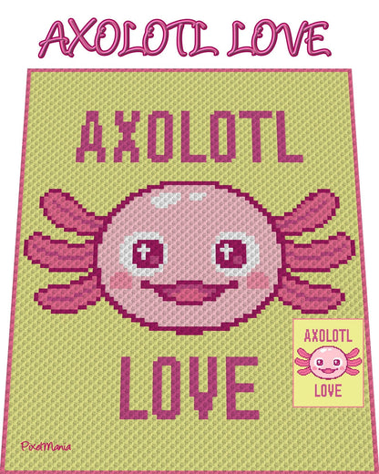 AXOLOTL LOVE, Häkelmuster, Grafik für C2C, Häkeldecke Ecke zu Ecke,  mit geschriebener & Farb-Block Anleitung