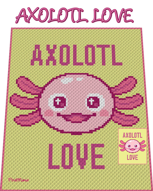 AXOLOTL LOVE, Häkelmuster, Grafik für C2C, Häkeldecke Ecke zu Ecke,  mit geschriebener & Farb-Block Anleitung