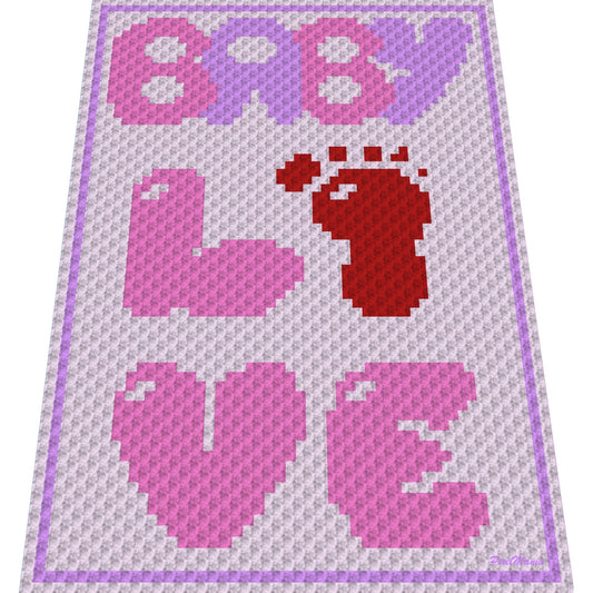 BABY LOVE GIRL, Häkelmuster, Grafik für C2C, Häkeldecke Ecke zu Ecke,  mit geschriebener & Farb-Block Anleitung