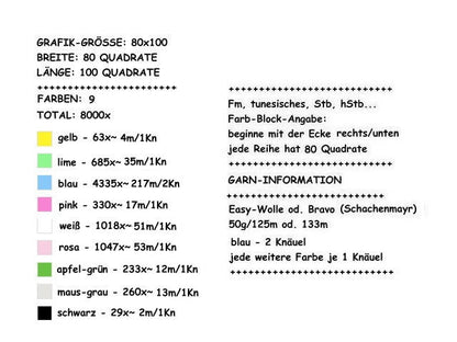 BUNNY SUE, Fm Häkelmuster, Grafik für Fm, Häkeldecke feste Maschen, tunesisch, Stäbchen, mit geschriebener & Farb-Block Anleitung