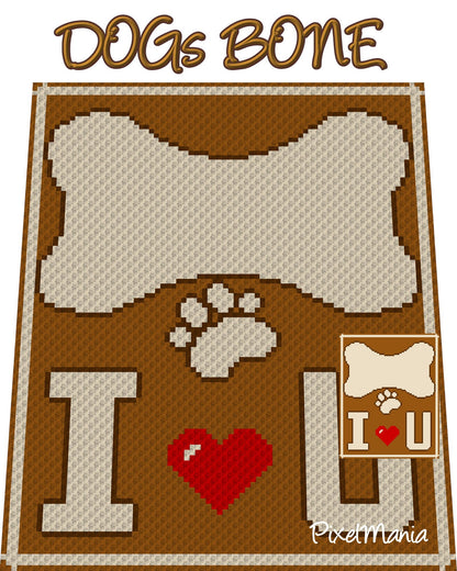 DOG BONES, crochet pattern, graphic for C2C, crochet blanket corner to corner, with written & color block instructions