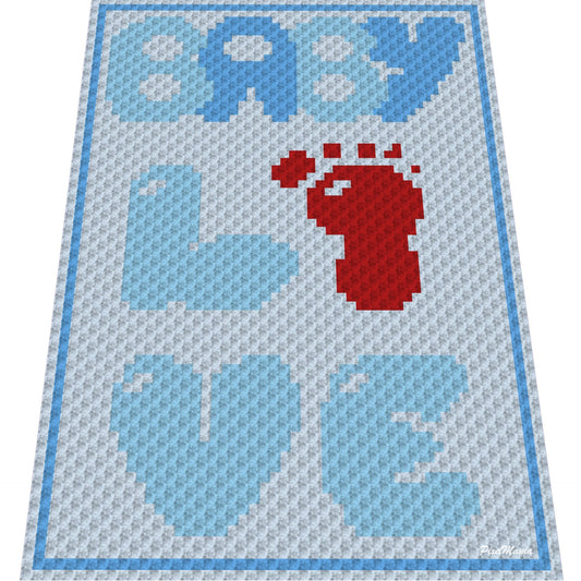 BABY LOVE BOY, Häkelmuster, Grafik für C2C, Häkeldecke Ecke zu Ecke,  mit geschriebener & Farb-Block Anleitung