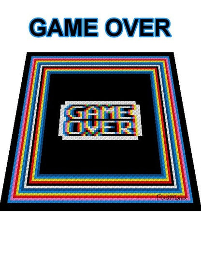 GAME OVER - Crochet pattern, graphic for sc, hdc, dc, gamer cushion, gamer blanket, crochet blanket with written & color block instructions
