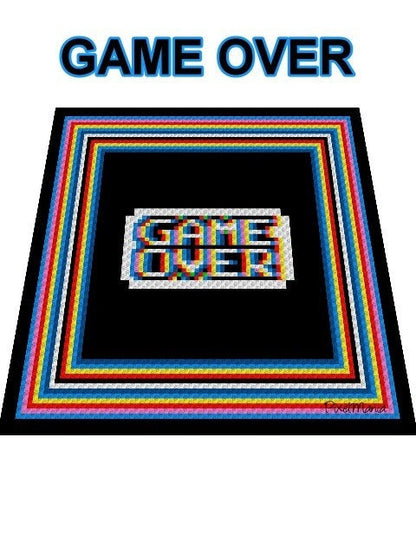 GAME OVER -  Häkelmuster, Grafik für C2C, Häkeldecke Ecke zu Ecke,  mit geschriebener & Farb-Block Anleitung