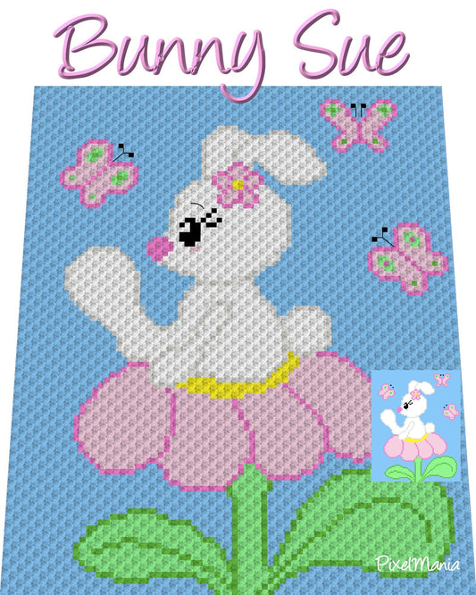 BUNNY SUE - HASE, Häkelmuster, Grafik für C2C, Häkeldecke Ecke zu Ecke,  mit geschriebener & Farb-Block Anleitung