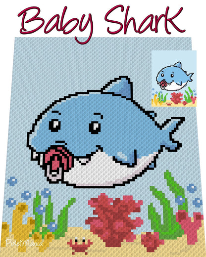 Baby SHARK, Häkelmuster, Grafik für C2C, Häkeldecke Ecke zu Ecke,  mit geschriebener & Farb-Block Anleitung