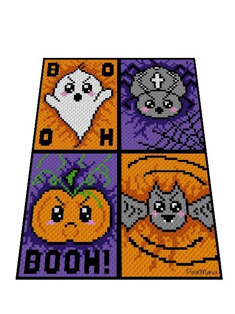 SPOOKY HALLOWEEN, Häkelmuster, Grafik für C2C, Häkeldecke Ecke zu Ecke,  mit geschriebener Anleitung