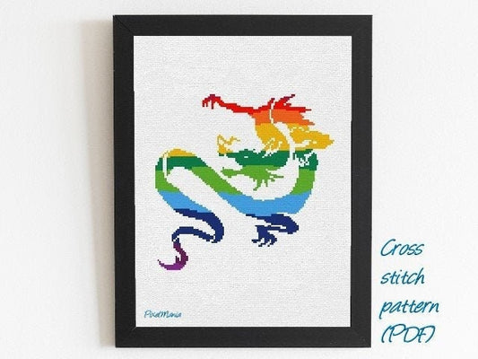 Japanischer Regenbogen Drache - modernes KREUZSTICH MUSTER - Tierbild, Fabelwesen