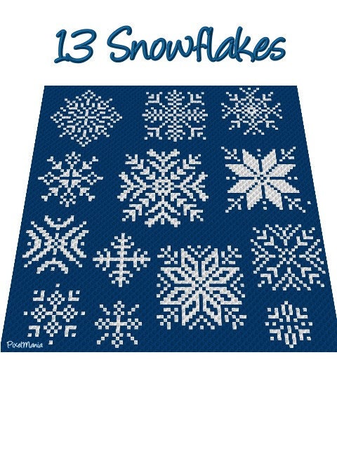 13 SCHNEEFLOCKEN - Häkelmuster, Grafik für C2C, Häkeldecke, Kissen, Poncho, Schal, Tasche Ecke zu Ecke, geschriebene & Farb-Block Anleitung