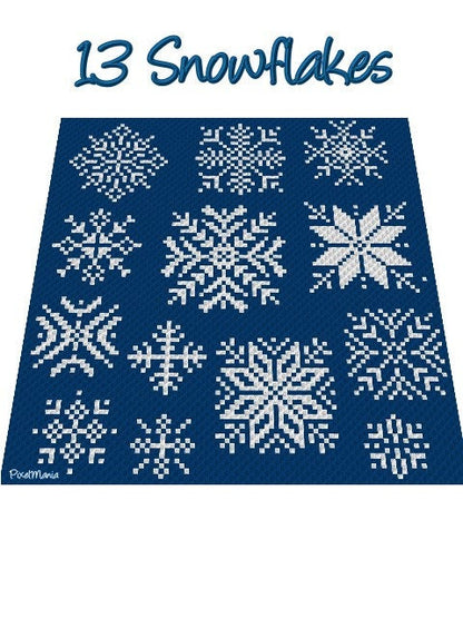 13 SCHNEEFLOCKEN - Häkelmuster, Grafik für C2C, Häkeldecke, Kissen, Poncho, Schal, Tasche Ecke zu Ecke, geschriebene & Farb-Block Anleitung
