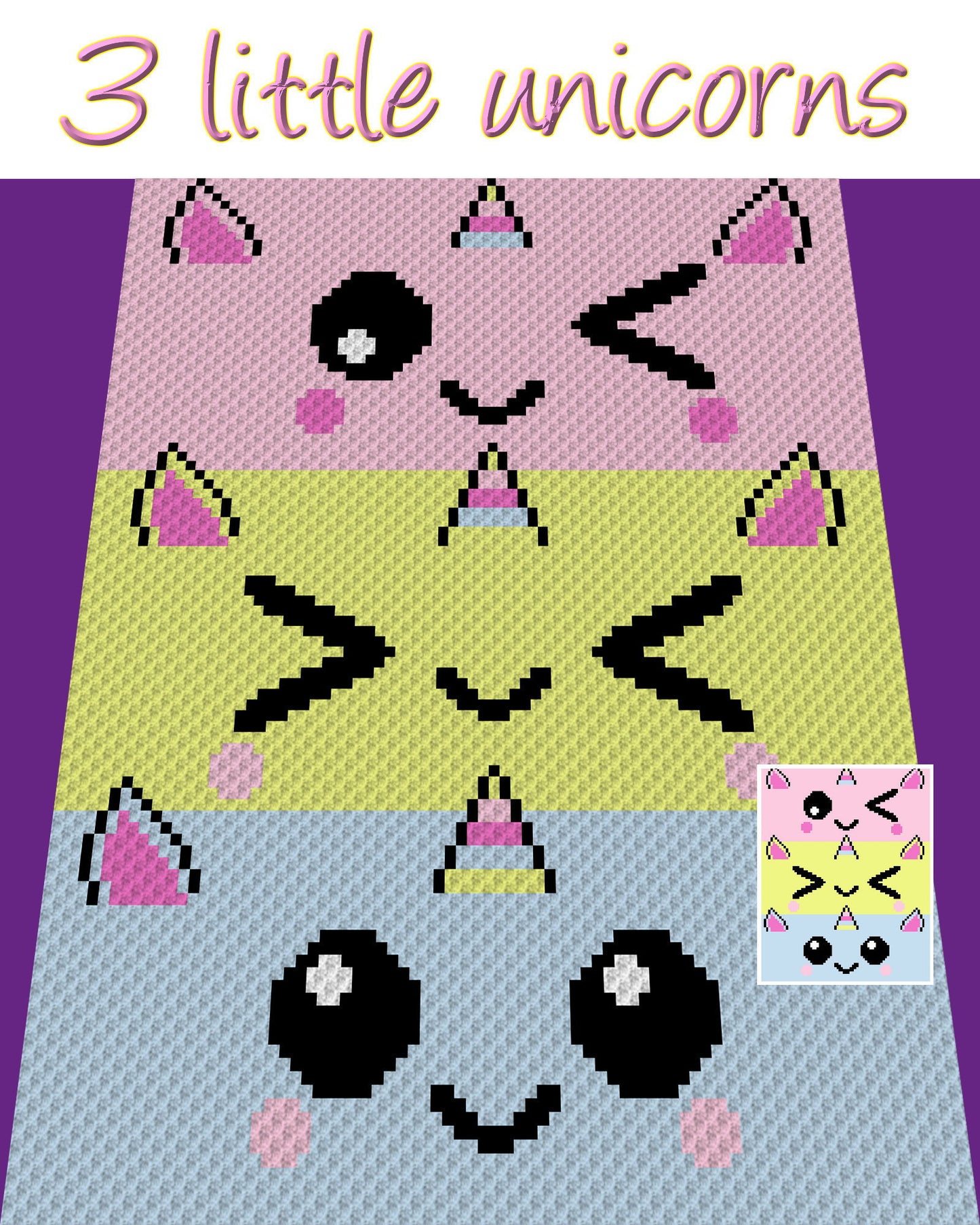 3 liTTle uniCorns, Häkelmuster, Grafik für C2C, Häkeldecke Ecke zu Ecke,  mit Anleitung
