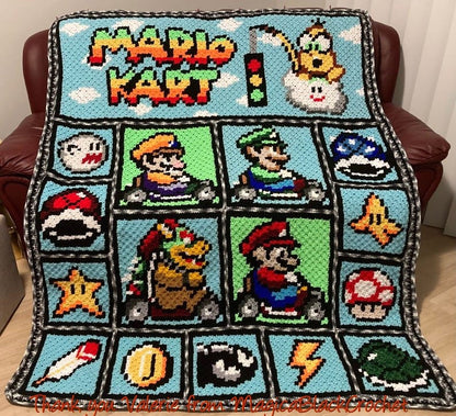 MARIO KART- Super Mario inspirierte Decke, Häkelmuster, Grafik für C2C, Häkeldecke Ecke zu Ecke,  mit geschr. & Farb-Block Anleitung
