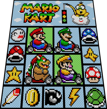 MARIO KART- Super Mario inspirierte Decke, Häkelmuster, Grafik für C2C, Häkeldecke Ecke zu Ecke,  mit geschr. & Farb-Block Anleitung