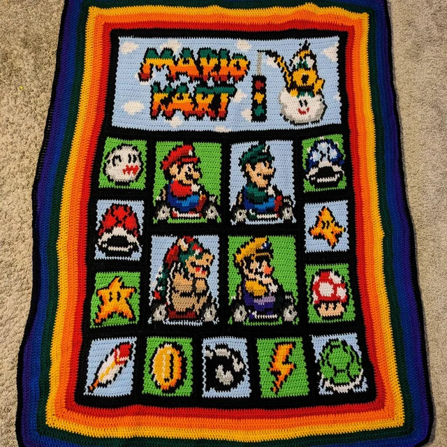 MARIO KART- Super Mario inspirierte Decke, Häkelmuster, Grafik für C2C, Häkeldecke Ecke zu Ecke,  mit geschr. & Farb-Block Anleitung